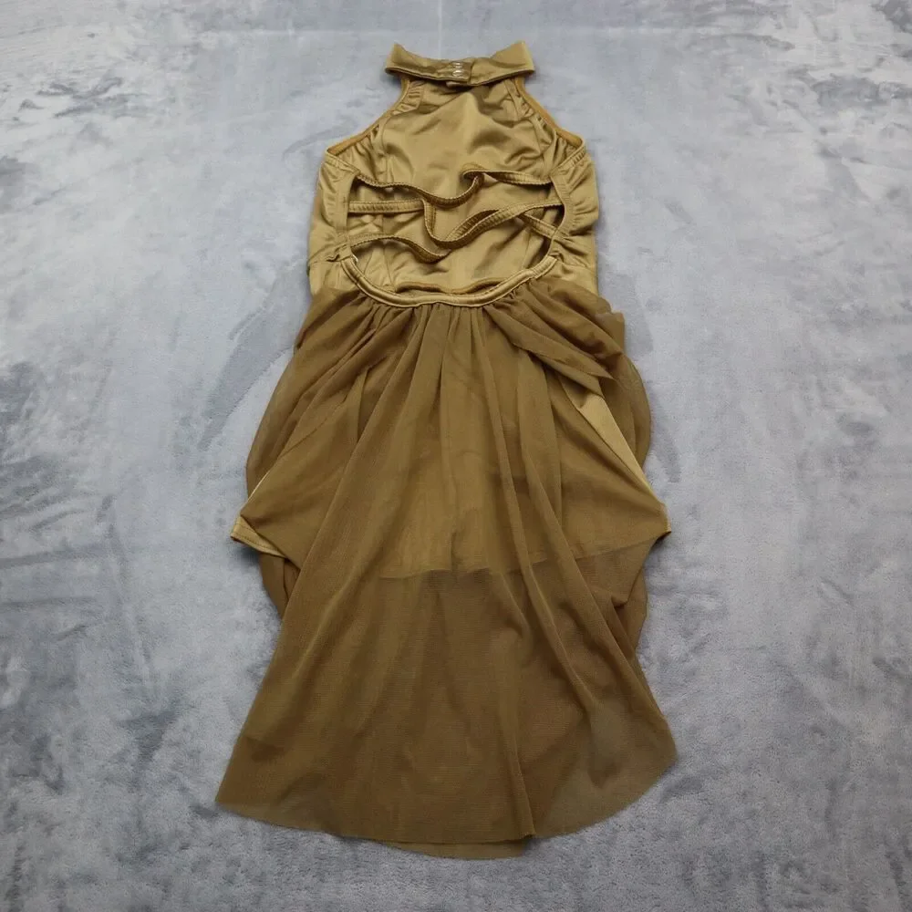 Kelle Dress Girls L Gold Sleeveless Halter Neck Open Back Strap Lyrical Costume